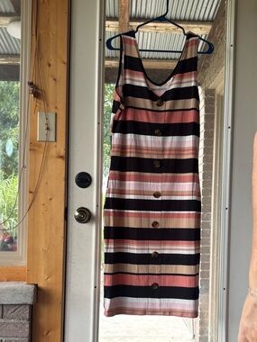 No Boundaries - Striped Button-Front Sleeveless Midi Dress - Pink & Black